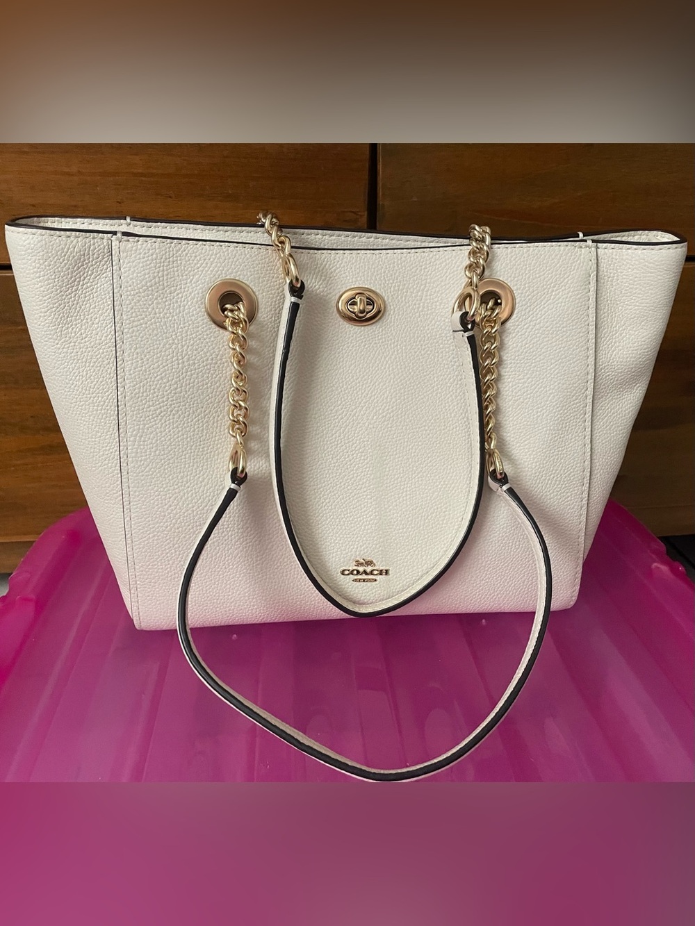 Coach Turn lock Pebbled Leather Chain-Handle Tote
